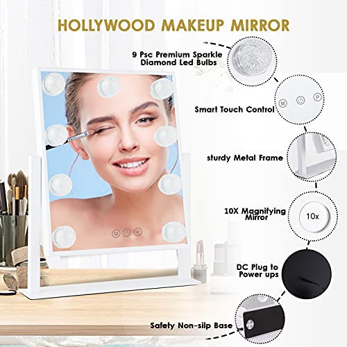 Vanity Mirror with Lights, Hollywood Lighted Makeup Mirror with 3 Color Modes and 9 Dimmable Diamond LED Light Bulbs, Detachable 10X Magnification, 360¡Æ Rotation, Touch Control, White
