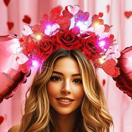Fashey Light Up Heart Headband Led Flashing Valentine Headbands Red Flower Hairband Festival Party Costume Hair Accessories for Women and Girls