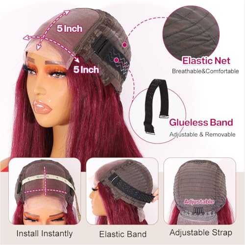 Wear and Go Glueless Bob Wig Human Hair 200% Density 5x5 HD Lace Closure Wigs For Black Women Glueless 5x5 Closure Wigs Human Hair Pre Plucked Bob Burgundy Color 16 Inch