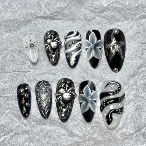 30pcs Snake Press On Nails Medium Length Almond Flower Fake Nails with 3D Spider Web Rhinestone Design,Designer Press On Star Pattern Gothic Punk Dark Black Silver Y2k Style,Acrylic Nail Set for Women