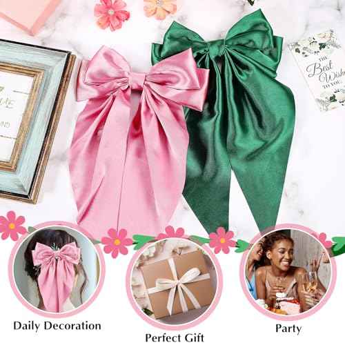 2 Pcs Witch Hair Accessories for Women Satin Pink and Green Hair Bow Clips with Long Tails and Metal Clips Bow Accessories for Princess Witch Birthday Party Decorations