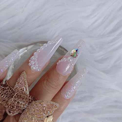 24Pcs Pearl Pink Press on Nails Long Fake Nails Acrylic Ballet coffin Design Nails for Women and Girls False Nails