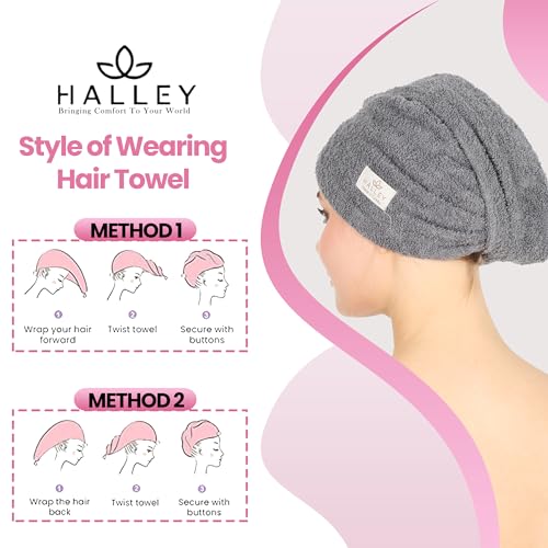 HALLEY Cotton Hair Towel Wrap (3 Packs) Super Absorbent Fast Drying Hair Towel for Thick Hair Turbans for Wet Hair with Button (Pink, Blue, Grey)