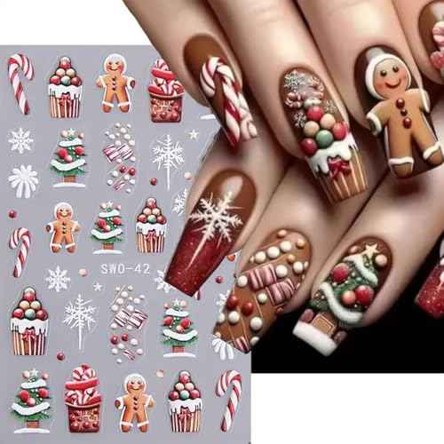 Christmas Nail Stickers for Art Decorations - 4PCS Snowflake, Gingerbread Man, Penguin, Elk, Santa Claus, Xmas Tree Design - Manicure Decals Supplies for Women