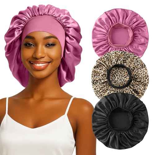 3PCS Silk Sleep Bonnet for Women, Large Satin Hair Caps with Elastic Band for Curly Hair and Frizz Control
