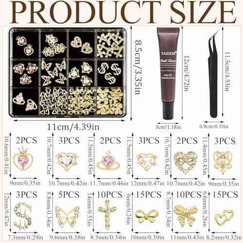 12 Grid Gold Nail Charms Kit - Crystal Pink Heart, Sparkly Dollar Sign, 3D Cross Butterfly Bowknot Charms - Y2K with Glue Gel, Tweezer for Women DIY Crafts Decoration