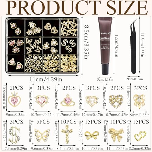 12 Grid Gold Nail Charms Kit - Crystal Pink Heart, Sparkly Dollar Sign, 3D Cross Butterfly Bowknot Charms - Y2K with Glue Gel, Tweezer for Women DIY Crafts Decoration