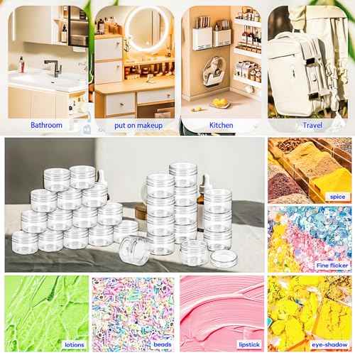 MotBach 40 PCS 15g Empty Plastic Containers with Clear Lids, Small Makeup Containers, 0.5oz Small Sample Jars Round Travel Cosmetic Jars with Spatulas for Liquid Cream Lotion Powder