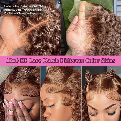 Chocolate Brown Deep Wave Lace Front Wigs Human Hair Wigs for Women 250 Density 13x6 Lace Frontal Wigs Human Hair Deep Curly HD Lace Front Wigs Pre Plucked with Baby Hair (22 Inch)