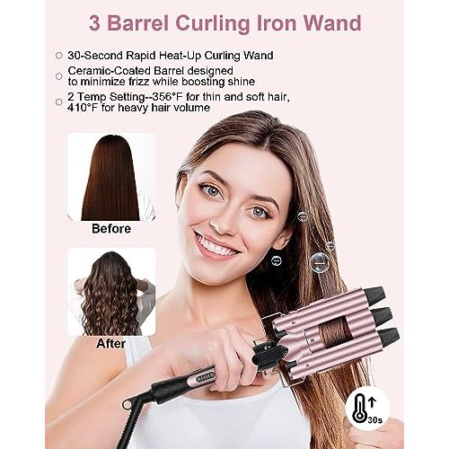 6 in 1 Wand Curling Iron, 3 Barrel Curling Iron Set with Thermal Brush (1.5") and 5 Interchangeable Ceramic Wand Curler (0.35"-1.25"), 2 Temp Heating Setting, Halloween Christmas Gifts for Women
