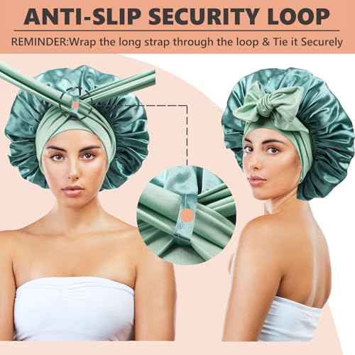 Satin Bonnet for Sleeping Women,Double Layer Hair Bonnet for Sleeping with Tie Band for Curly Hair Braids Long Hair Green