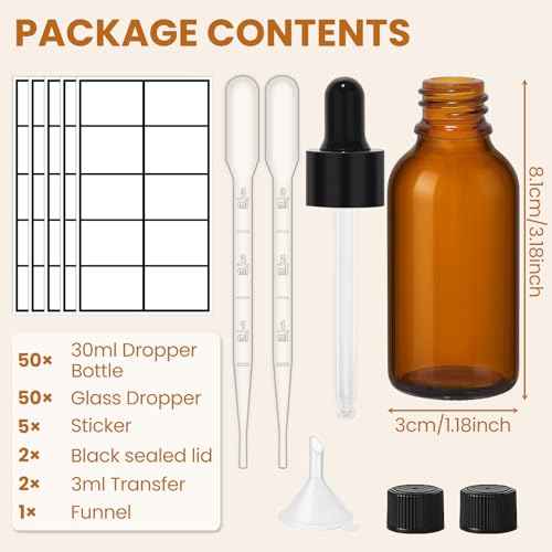 50 Pack 1oz Amber Glass Dropper Bottles Leakproof with Funnels, Eye Droppers, Extra Caps, Labels - Refillable UV 30ml Empty Bottles for Tinctures, Essential Oils, Perfume, Beard, Hair Oil