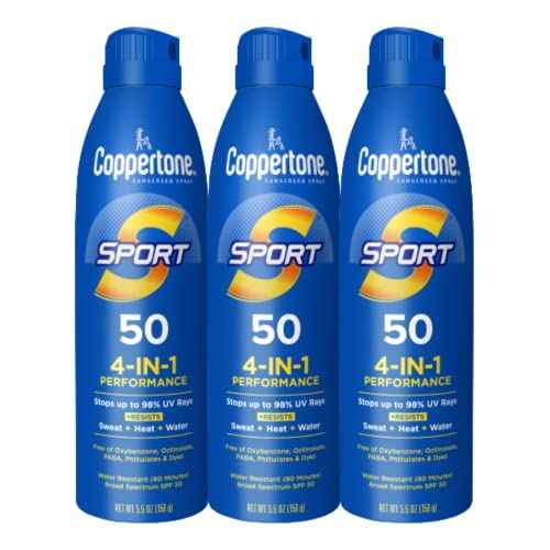 Coppertone Sport Sunscreen Spray SPF 50, Sweat, Heat and Water Resistant Sunblock, Lightweight, Oxybenzone Free, Spray Sunscreen Bulk Pack, 5.5 Oz Bottle, Pack of 3 (Packaging May Vary)