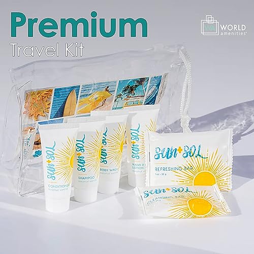 World Amenities Sun+Sol Mini Travel Size Hotel Toiletries Bathroom Kit - Case of 25 Sets - Warm Coconut & Vanilla - Shampoo, Conditioner, Body Wash, Lotion, Cleansing Bar, Soap Bar