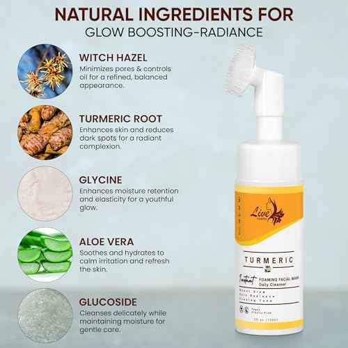 Live Healthy Turmeric Foaming Face Wash - Turmeric Face Wash with Brush, Deep Cleansing, Gentle, Facial Cleanser, Makeup Remover, Natural Formula for Acne, Blackhead & Oil Control, Hydrating -150ml