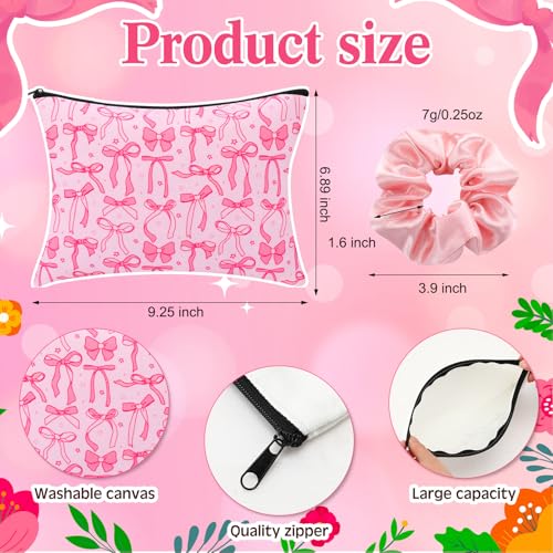 18 Pcs Pink Bow Glass Cups with Lids Coquette Bow Cosmetic Makeup Bag Pink Hair Scrunchies Ties for Women Birthday Wedding Gift Bridesmaid Bridal Valentines Christmas