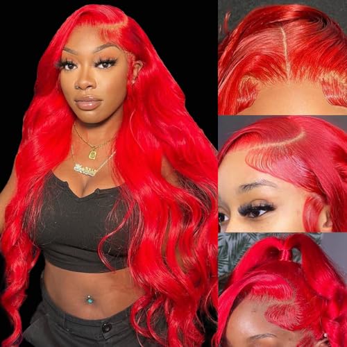 ELISHEVA Red Lace Front Wigs Human Hair Pre Plucked 30 Inch 16A 13x4 Red Wig Human Hair 200% Density Red HD Body Wave Lace Front Wigs Colored Glueless Frontal Wigs