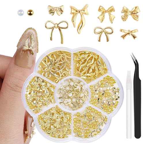 3D Metal Alloy Nail Bows Kit - Silver & Gold Bowknot Charms with 1-3mm Mini Caviar Beads, Tweezers, Pickup Pencil, Cute Nail Charms and Gems Jewelry in Petal-shaped Box (Gold-kit-1)
