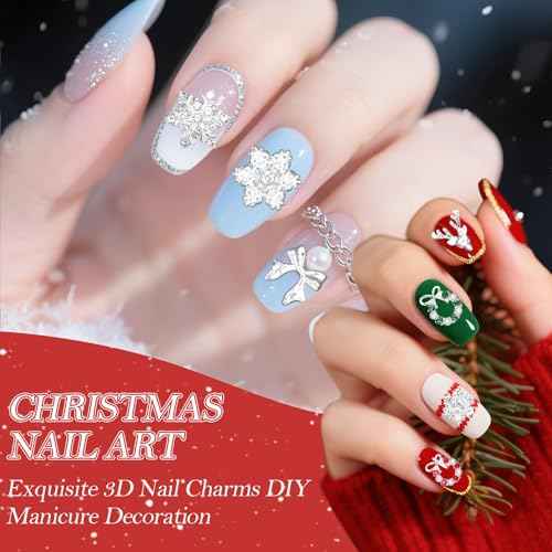 58 Pcs Christmas Nail Charms, Snowflake Bow Nail Charm, Wreath Elk Bow Silver Nail Charms, Xmas-Themed Alloy Silver Nails Art Charm for Christmas Nails DIY Design Craft
