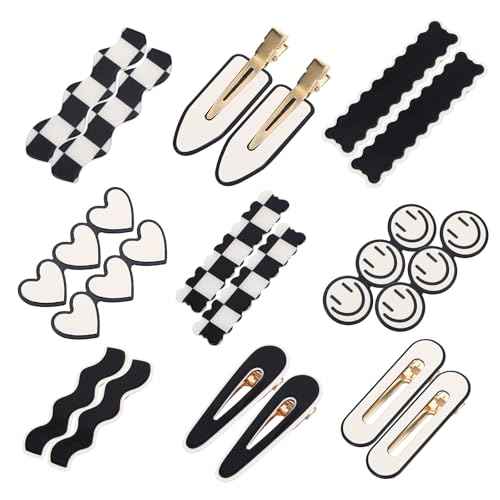 18Pcs Acrylic Checkered Hair Clip,Black and White Checkered No Bend Hair Clips for Women,Wave Geometric Duckbill Pins,Korean Styling Minimalist Hair Barrettes for Women Girls,Gifts for Women Girls
