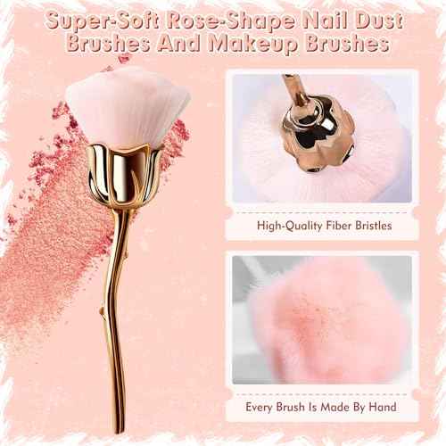 2 PCS Nail Dust Brush, Ultra Soft Nylon Dust Brush for Nails, Nail Brushes for Nail Art Cleaner Tools, Rose Shape Nail Brush & Makeup Brush