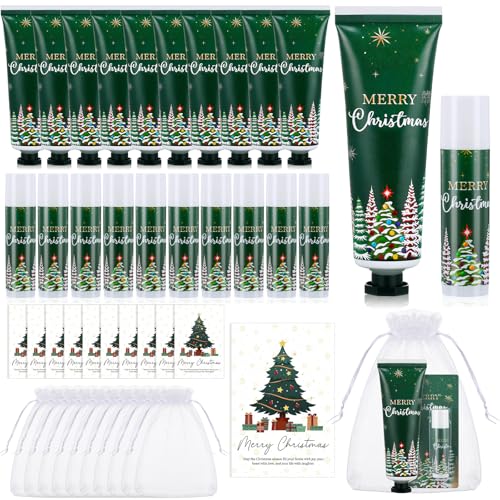 30 Sets Christmas Hand Cream and Lip Balm Bulk Set Party Gifts with Organza Bag Thank You Tag Christmas, Thanksgiving Small Gifts