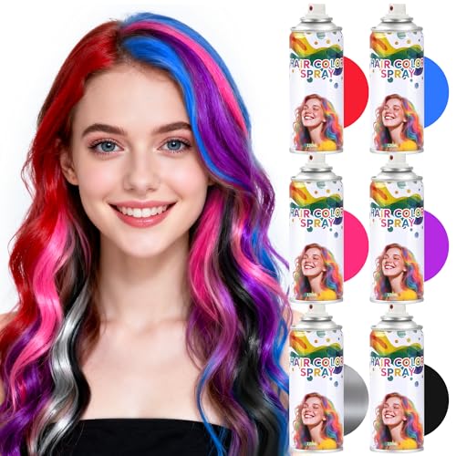 6 Pack Hair Spray,Purple red pink black blue and gray hair spray temporary for Women Kids Men, Washable Temporary Hair Dye Spray,For Cosplay Christmas Party, Halloween Crazy Hair Day