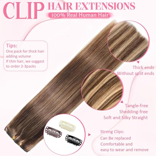 Clip in Hair Extensions Real Human Hair 3.9oz/110g Clip ins 100% Human Hair Extension for Women 8pcs Per Set with 18 Clips Double Weft (22 Inch #4/27 Chocolate Brown to Honey Blonde)
