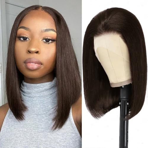 Dark Brown Bob Wig Human Hair 13X4 Lace Front Wigs Human hair 180% Density Short Straight Frontal Bob Wig Pre Plucked for Women HD Transparent Lace Frontal wigs With Baby Hair Dark Brown Color 16 Inch