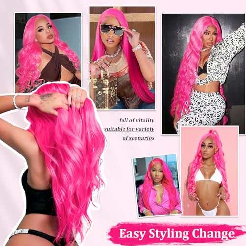 Pink Wig Human Hair 13x4 Pink Lace Front Wigs Human Hair Pre Plucked Body Wave Wig 200 Density Real Hair Frontal Wigs for Women 24 Inch