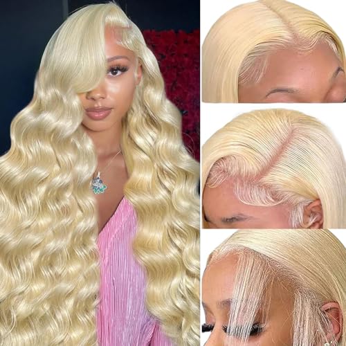 613 Lace Front Wig Human Hair 30 Inch 13x4 Blonde Wigs Human Hair Pre Plucked Body Wave Blonde Lace Front Wigs Human Hair 180% Density 613 HD Glueless Lace Frontal Wig Human Hair for Women