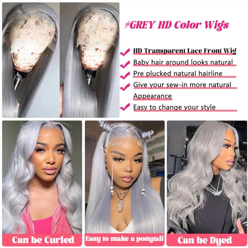 Smavida Grey Straight 13¡¿4 HD Transparent Lace Front Wigs Pre Plucked Silver Human Hair Wigs for Black Women 150 Density Grey 100% Brazilian Virgin Human Hair Wigs with Baby Hair Natural Hairline