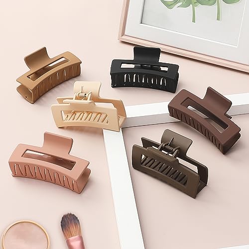 Hair Clip, 3.5 Inch Medium Square Claw Clips Rectangle Clips 6 Pack Rubber Paint Acrylic Plastic Metal, Non-Slip Design for Women Girls - Coffee