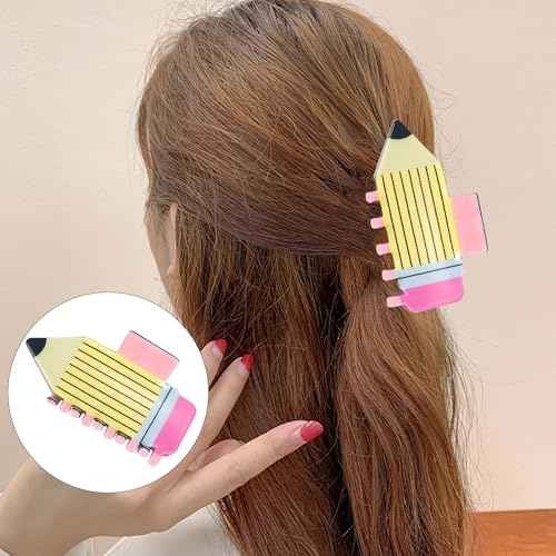 3 Pack Pencil Hair Claw Clips for Women Girls, Funny Back To School Hair Clips Supplies, Cute Hair Jaw Barrettes, Strong Hold Claw Clips Fun Hair Accessories