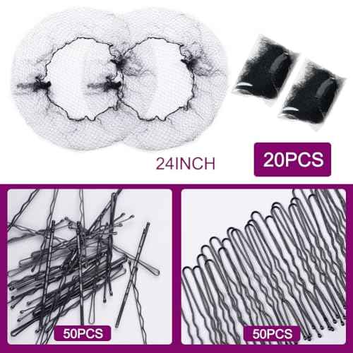 120PCS Elastic Hair Net Set for Food Service Workers 20pcs 24inch Invisible Hair Nets for Men Women Buns,50pcs U-Shaped Hair Pins 50pcs Bobby Pins for Bun Maker, 24inch,Black