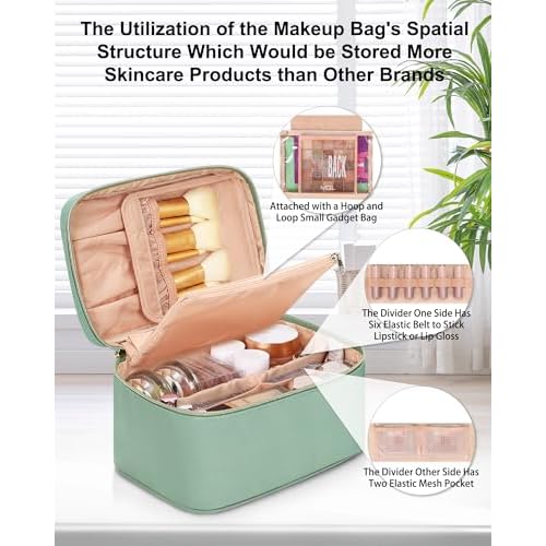 MONSTINA Makeup Bag with Detachable Small Gadget Bag,Large Capacity Portable Cosmetic Organizer,Waterproof Travel Toiletry Bag with Divider for Lipstick,Gifts for Girls and Women,Green Large