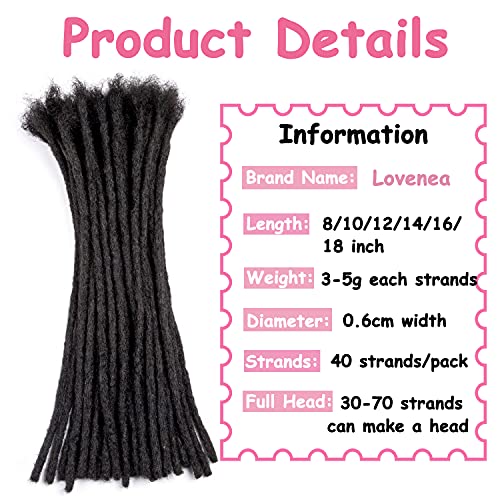 6 Inch 40 Strands 100% Real Human Hair Dreadlock Extensions for Men/Women Full Head Handmade 0.6 cm Tight Can Be Dyed and Bleached Soft Loc Extensions (6 Inch, 40 Strands)