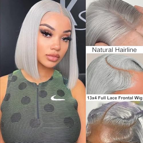 16 Inch Silver Grey Short Straight Bob Wigs Human Hair Short Straight Grey Bob Wig 13x4 HD Lace Front Bob Wigs 180% Density Pre Plucked With Baby Hair for Women