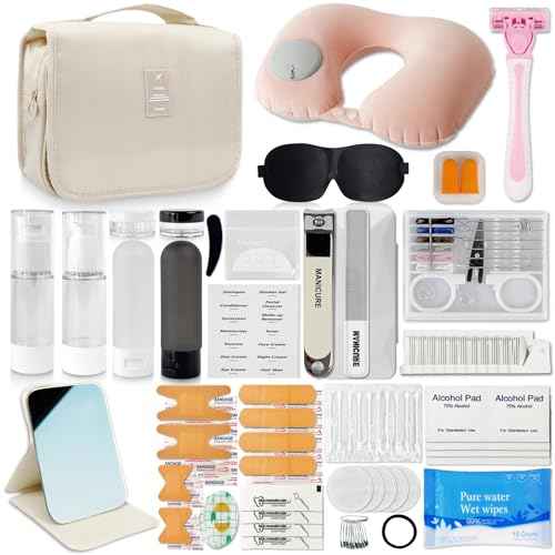 Travel Kit 39 Essentials for Travel Emergency, Large Capacity Toiletry Bag, All Purpose Grooming Set, Airplane Pillow Kit, TSA Approved (Pearl Bisque Beige)