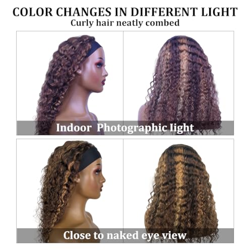 Highlight Headband Wig Human Hair Deep Wave 4/27 Ombre Curly Human Hair Headband Wigs for Black Women Glueless None Lace Front Brazilian Virgin Wig Wear and Go 150% Density 22 Inch