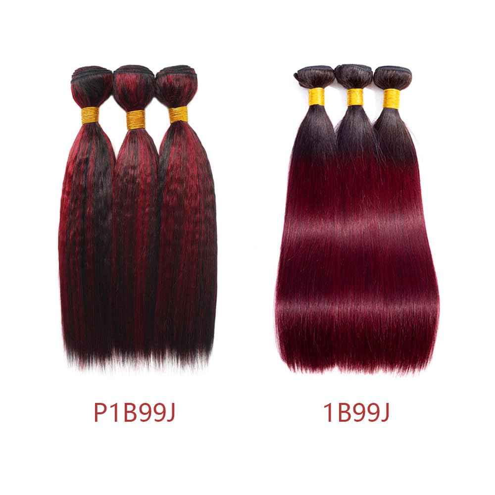 Highlight P1B99J Straight Bundles Ombre Burgundy Human Hair Bundles Grade 8A Brazilian Remy Hair Weaves Extensions Black Mixed With Wine Red Color For Women 10 12 14 Inch