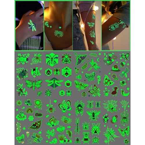 Glow In The Dark Insect Temporary Tattoos for Kids, 12 Sheets Luminous Butterfly Ladybird Bees Ant Fake Tattoo Stickers for Boys Birthday Party Favors Supplies Goodie Bag Fillers Gifts