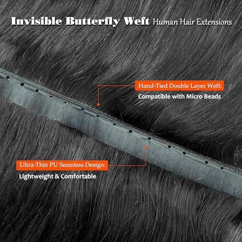 Butterfly Weft Hair Extensions Human Hair-Invisible Double Layered with Hole Hand Tied Genius Weft PU Seamless Micro Beads Real Remy Hair Jet Black 100g #1 16 Inch