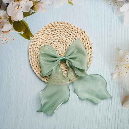 2Pcs Large Emerald Green Silk Hair Bows for Women Long Tail French Barrettes Wedding, Christmas Hair Clips for Thick Hair