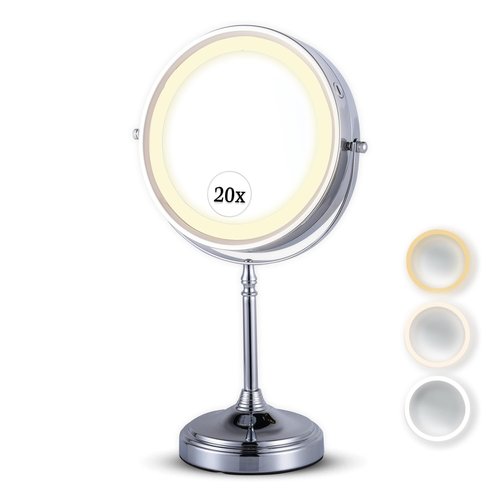 Ultra Zoom 20X Magnifying Lighted Table Mirror for Makeup - 20X & 1X Dual Sided LED Make-up Mirror with 3 Light Modes, Rechargeable Battery with USB Cable - 8" Wide & 15" Tall (Chrome)