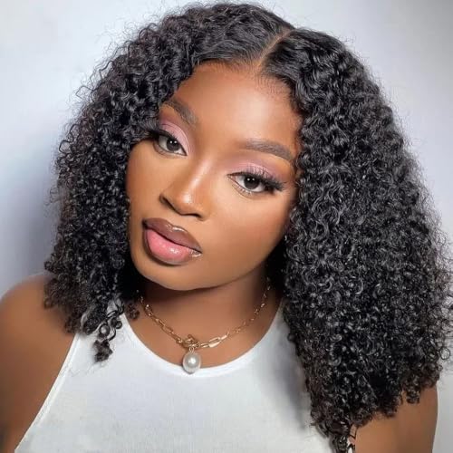 Kinky Curly Bob Wig Human Hair 12 Inch 13x6 Lace Front Wigs 220% Density Glueless Pre Plucked with Baby Hair for Black Women Afro Kinky Curly Bob HD Lace Frontal Wigs