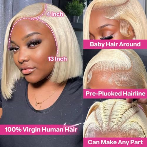 613 Blonde Bob Wigs Human Hair 13x4 HD Lace Front Bob Wig Remy Human Hair Pre Plucked With Baby Hair for Women, 10 Inch Honey Blonde 613 Lace Frontal Wig Glueless Straight Short Bob Wigs 180 Density