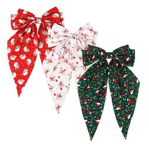 AMCAMI 3Pcs Christmas Bows Hair Clips,Bow Barrettes with Large Long Tail Ribbon,Christmas Hair Accessories Gifts Stocking Stuffers