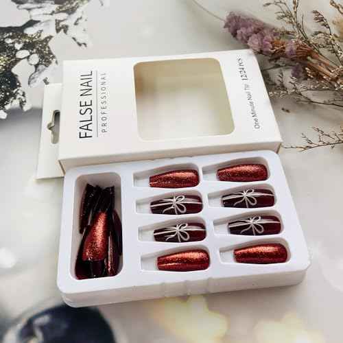 Christmas Press on Nails Long Coffin Fake Nails Wine Red Press on False Nails with White Gift Banderole Tips Designs Red Glitter Cute Acrylic Nails Full Cover Holiday Glue on Nails for Women and Girls