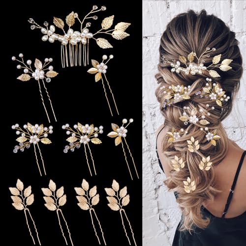 10PCS Gold Leaf Wedding Hair Pins Rhinestone Pearl Hair Jewelry Accessories Crystal Vintage Wedding Hair Styling Pins for Brides Bridesmaids and Flower Girls